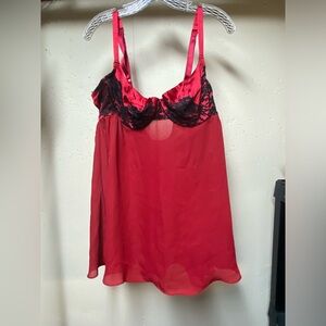 Vintage cacique red black lace lingerie slip dress Sz 14/16
